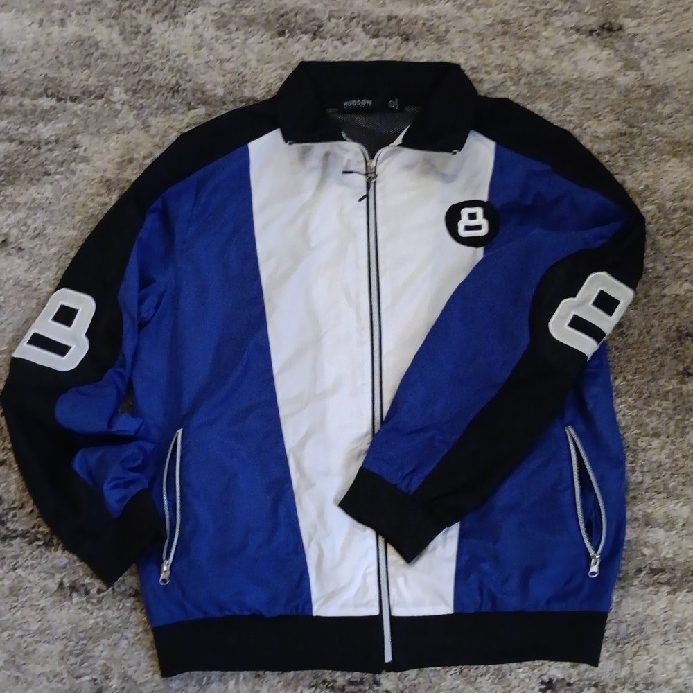 Hudson brand 8ball light weight jacket.. men's sz Large.  Blk/Royal/whte colors